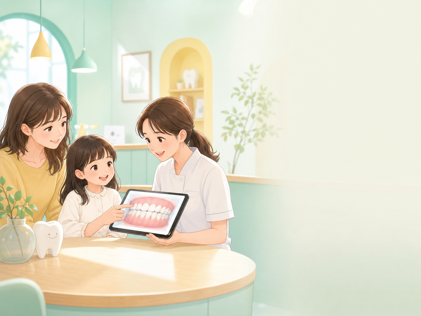子どもの歯並び無料相談を受ける親子のイラスト