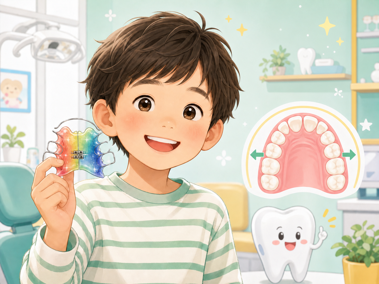 床矯正装置を持つ子どもとあごの成長を表すイラスト