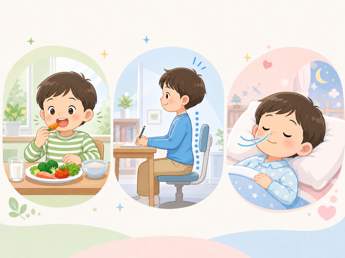 食べ方、姿勢、呼吸など子どもの歯並びに関係する生活習慣のイラスト