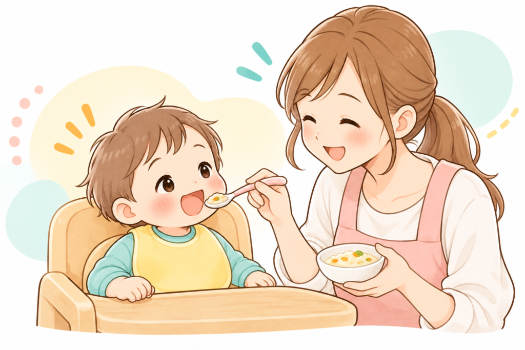 離乳食を食べる子どもと優しく見守るお母さん